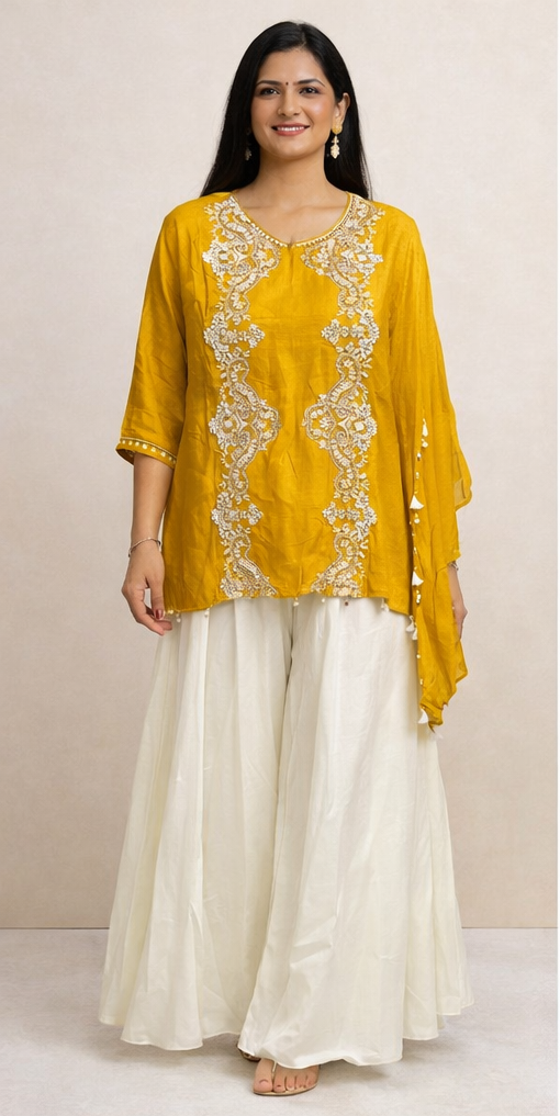 Mustard Yellow Designer Top with Flared Divider Set | Hand Embroidered Indo Western Outfit for Women | Free Size