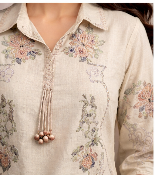 Beige Flex Cotton 3 Piece Kurta Palazzo Dupatta Set with Embroidery – Elegant Ethnic Wear