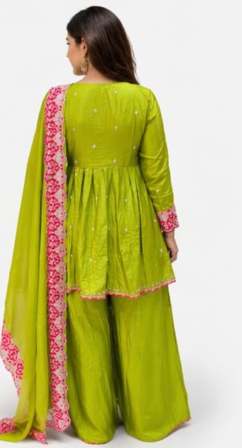 Rashion Silk Angrakha Style Co-Ord Set with Organza Dupatta | Peplum Top & Divider Set