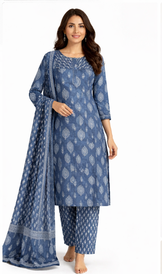 Blue Pure Cotton Kurti Pant Set with Dupatta – Comfortable 3PC Ethnic Set