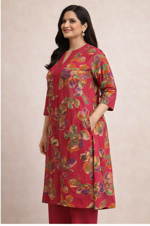 Rani Pink Pure Cotton A-Line Kurti Pant Set | Floral Printed 2 Piece Ethnic Set for Women |