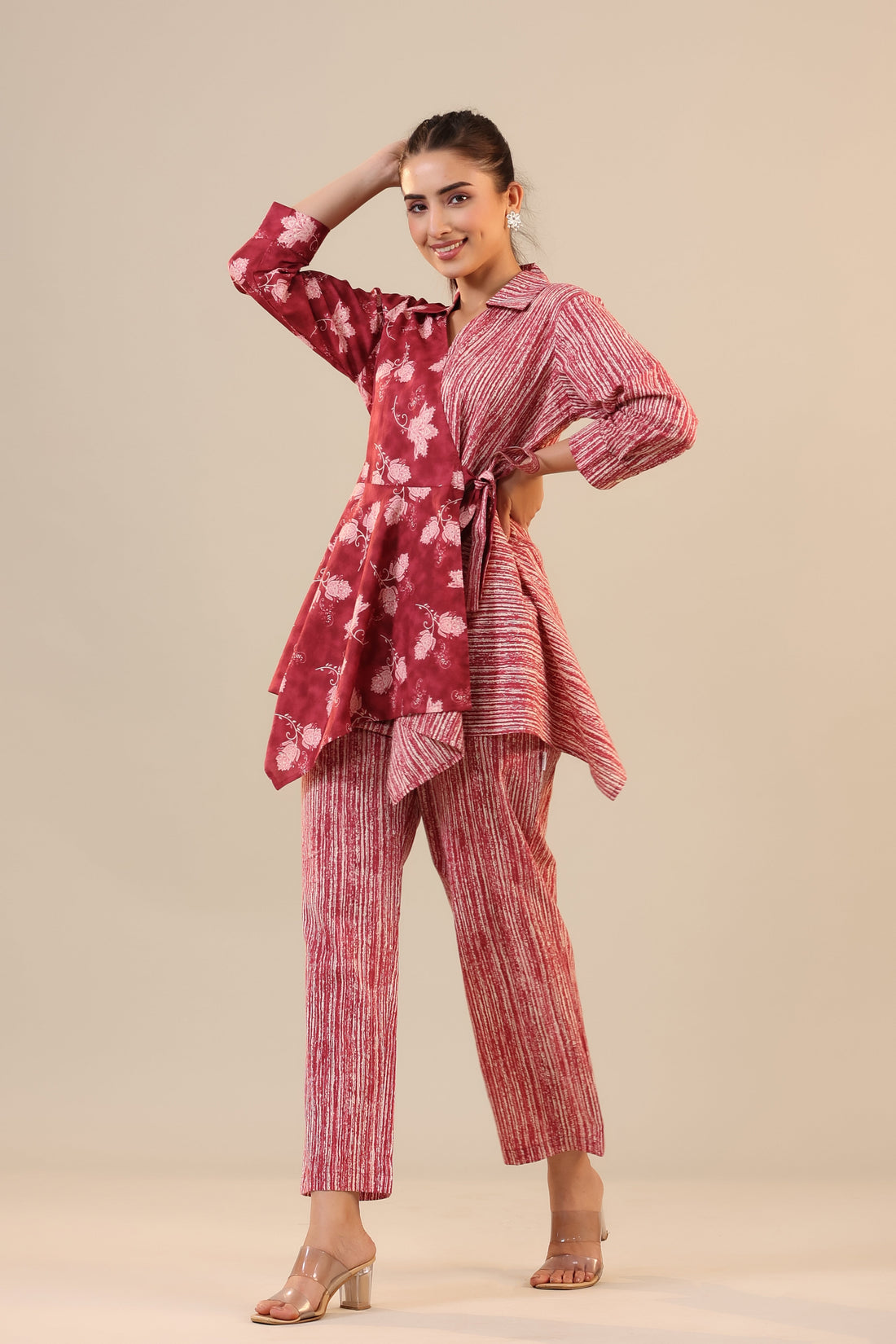 Stripes with Florals on Red Cotton Co-ord Set