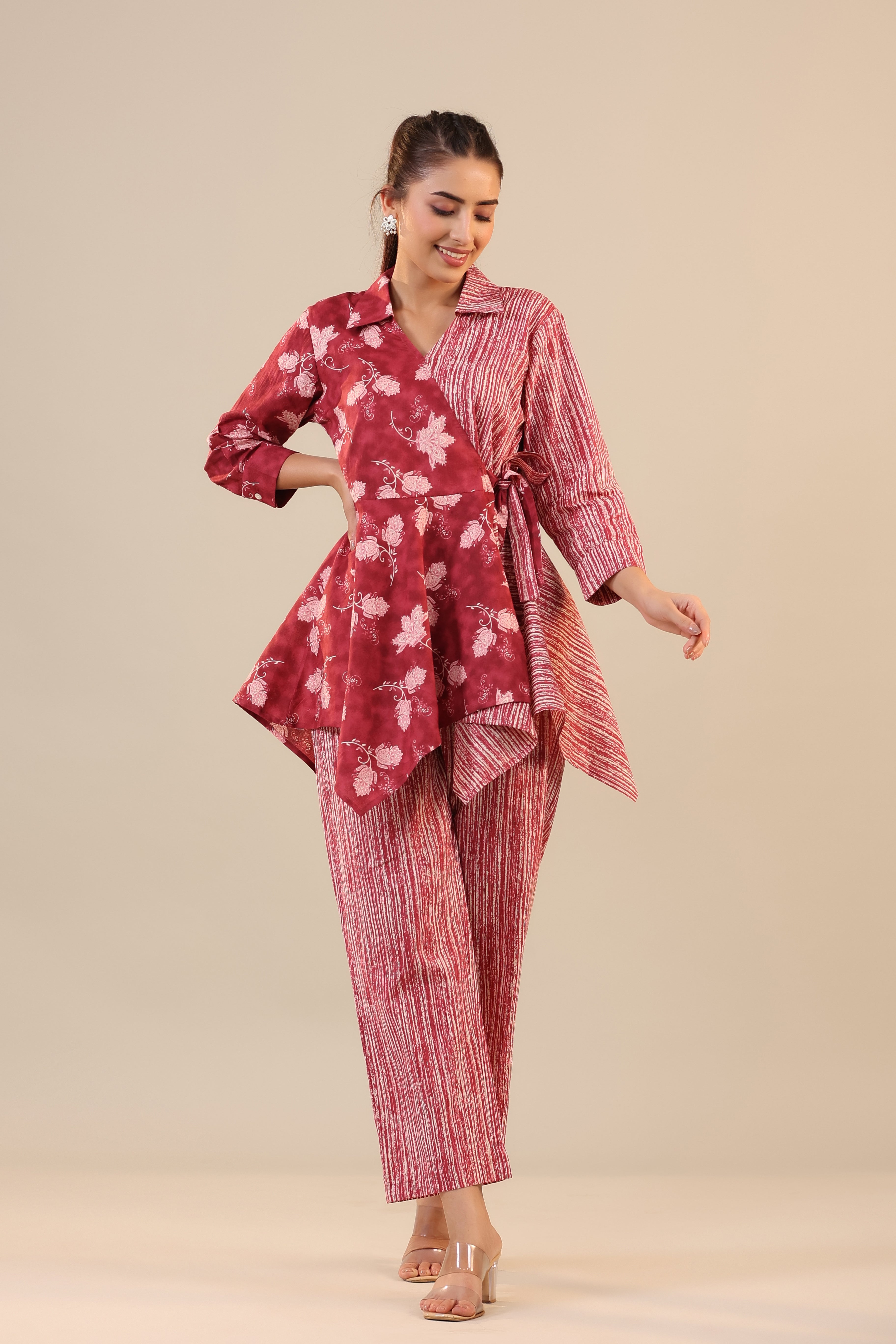 Stripes with Florals on Red Cotton Co-ord Set