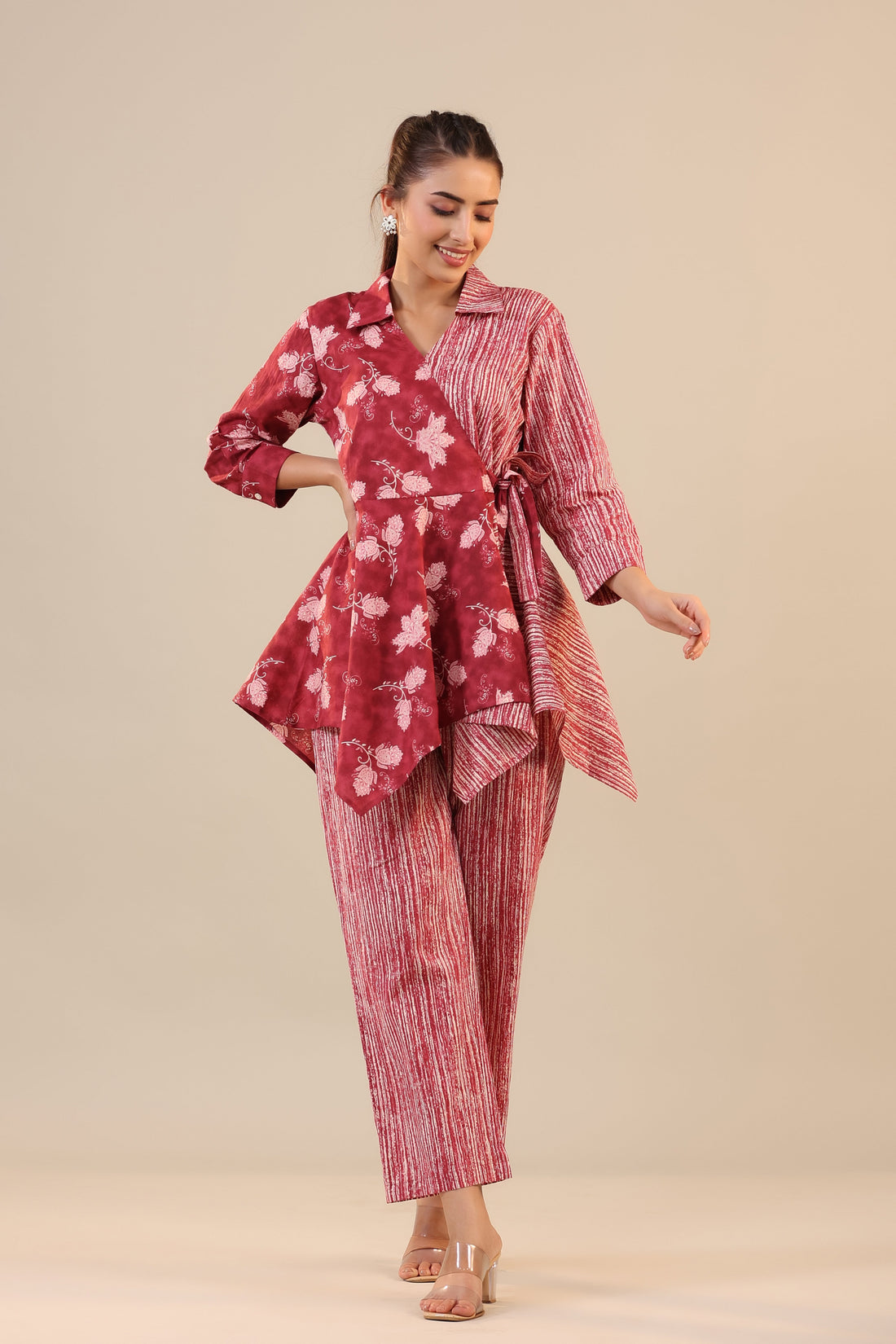 Stripes with Florals on Red Cotton Co-ord Set