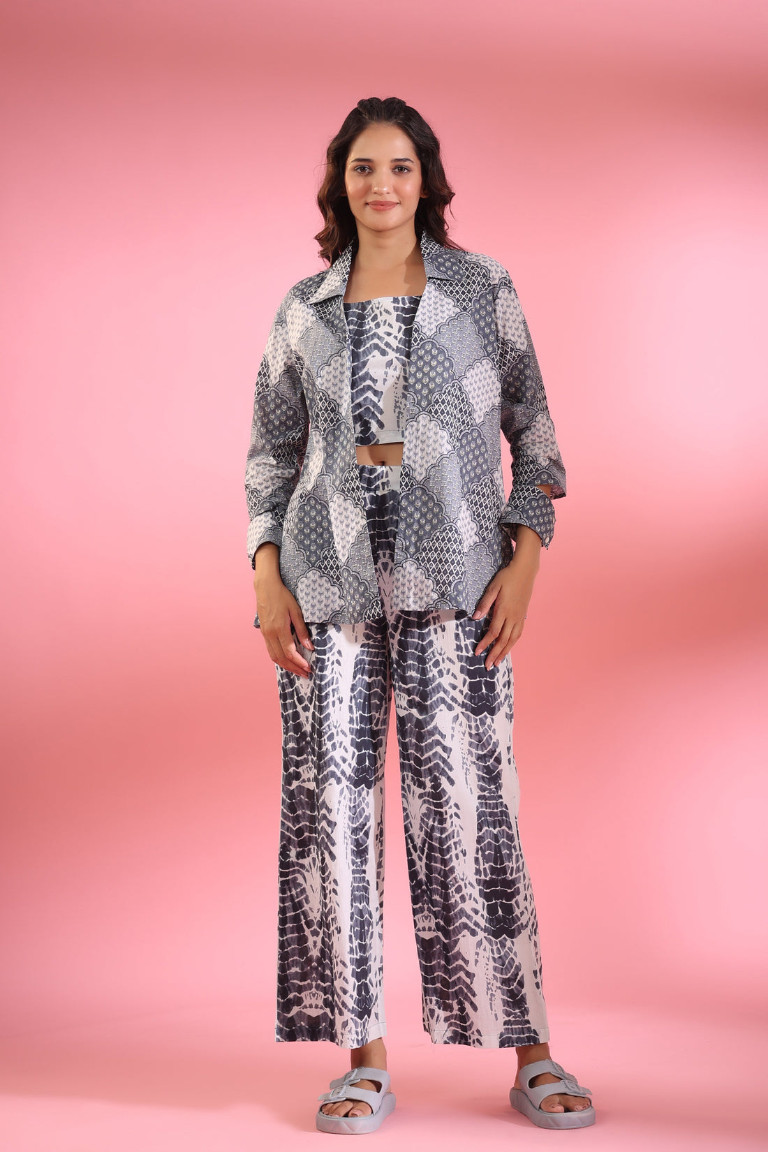 Tie and Dye Print with Jharokha Shrug Cotton Three Piece Co-ord Set