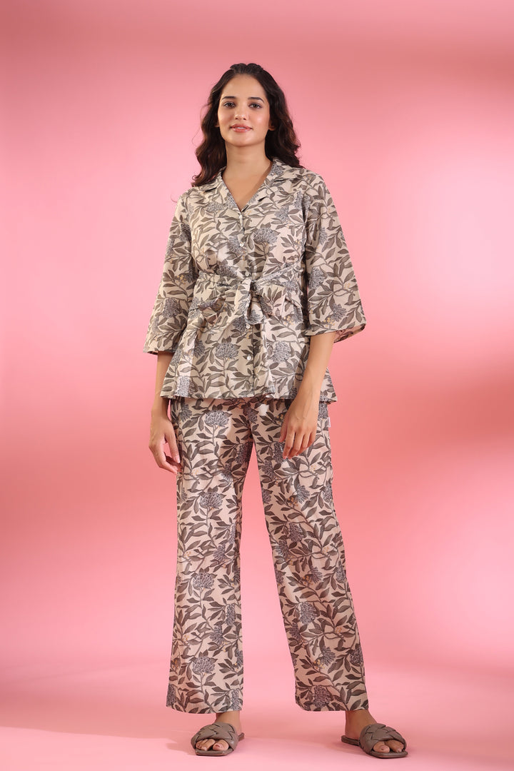 Blue Dahalia with grey vine on Cotton Co-ord Set