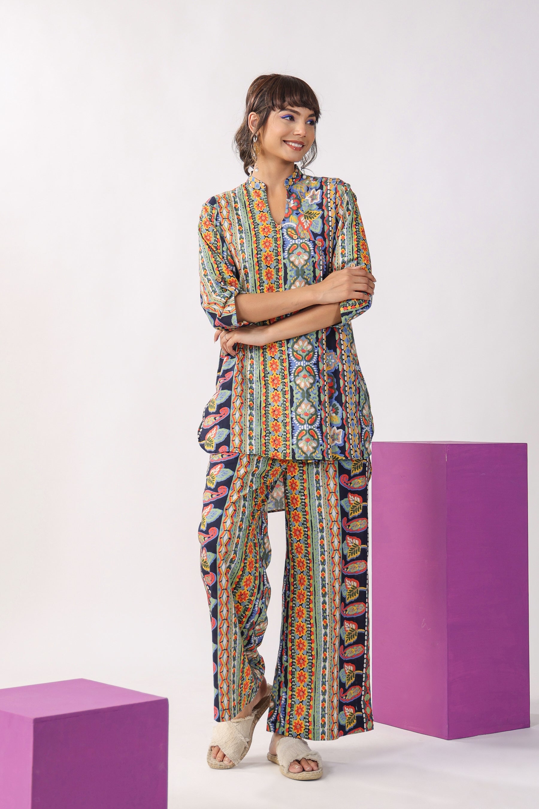 Traditional Paisley Motifs on Blue Cotton Co-ord Set