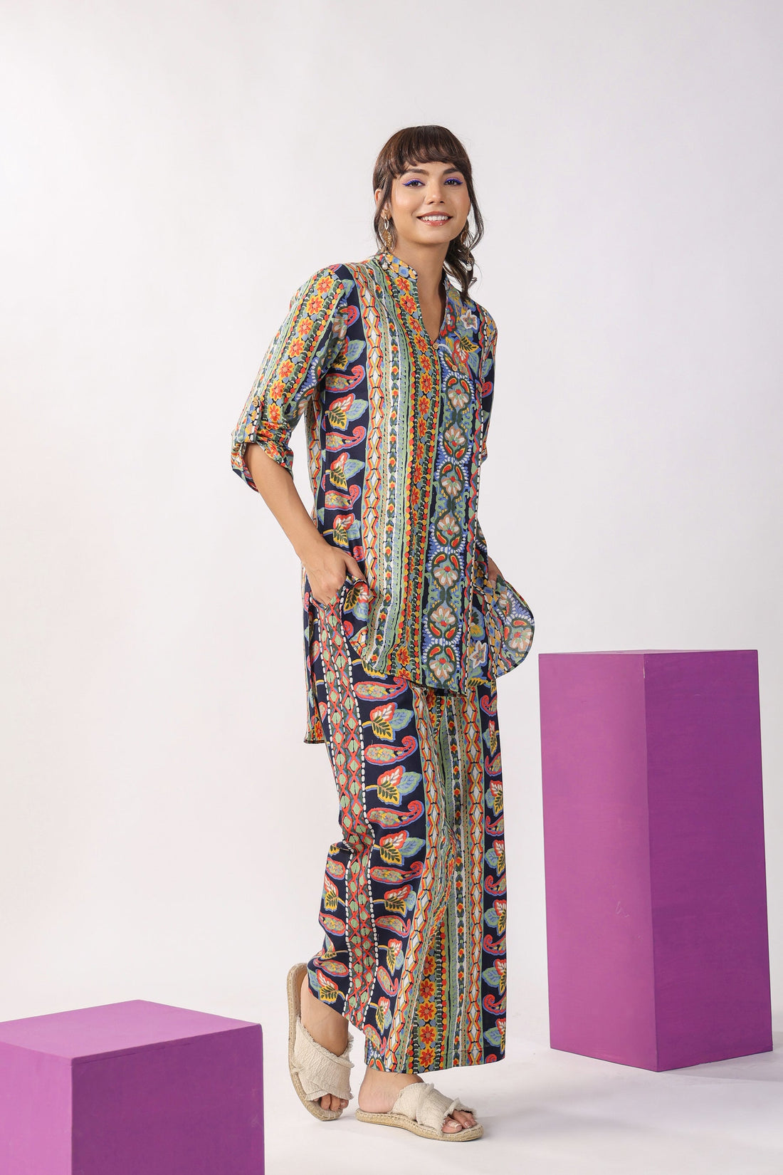 Traditional Paisley Motifs on Blue Cotton Co-ord Set