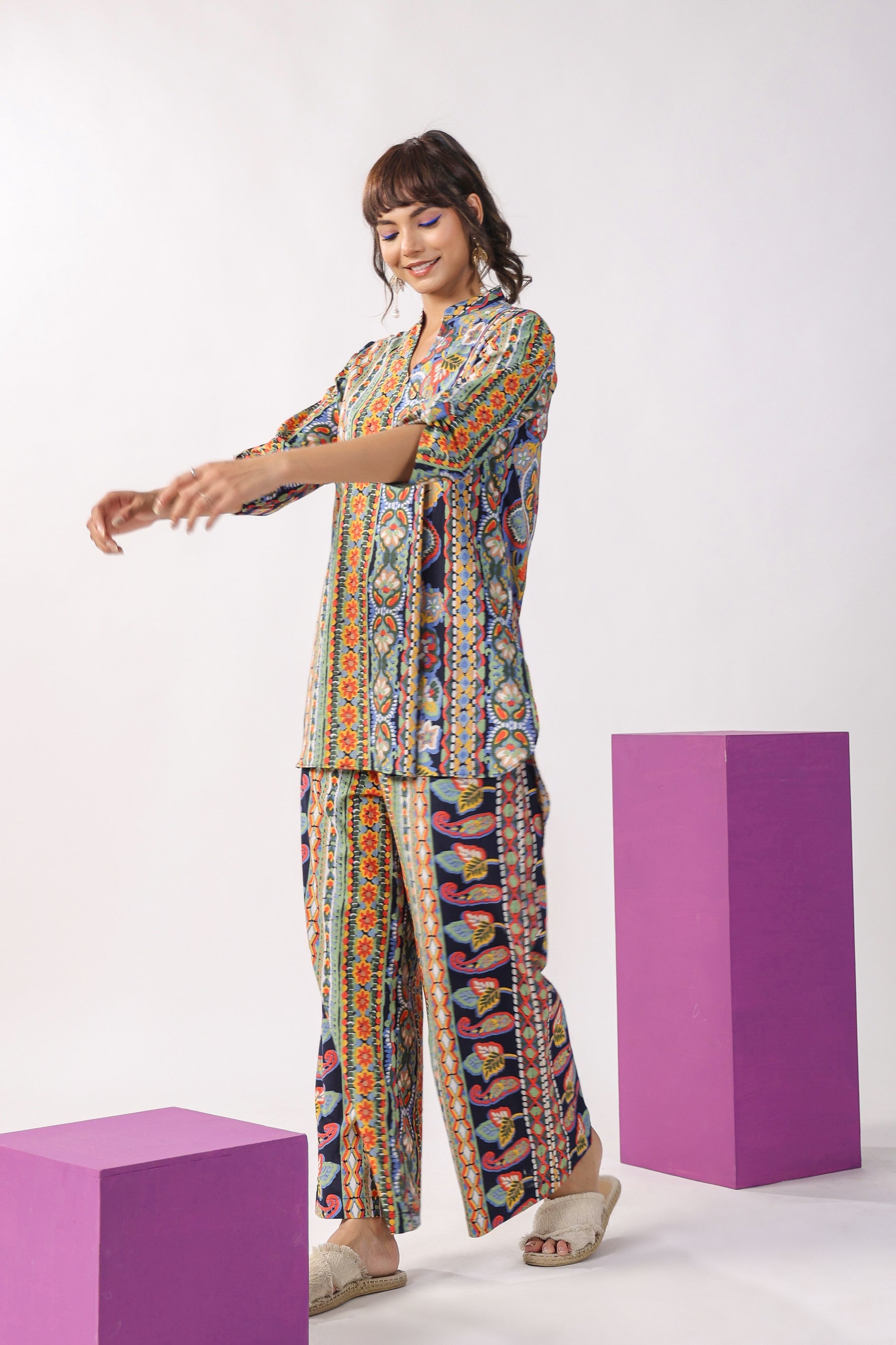 Traditional Paisley Motifs on Blue Cotton Co-ord Set