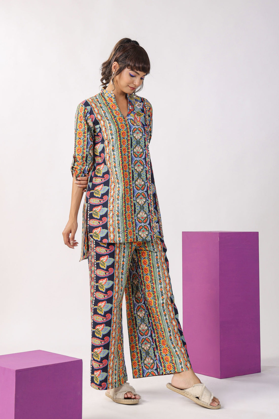 Traditional Paisley Motifs on Blue Cotton Co-ord Set