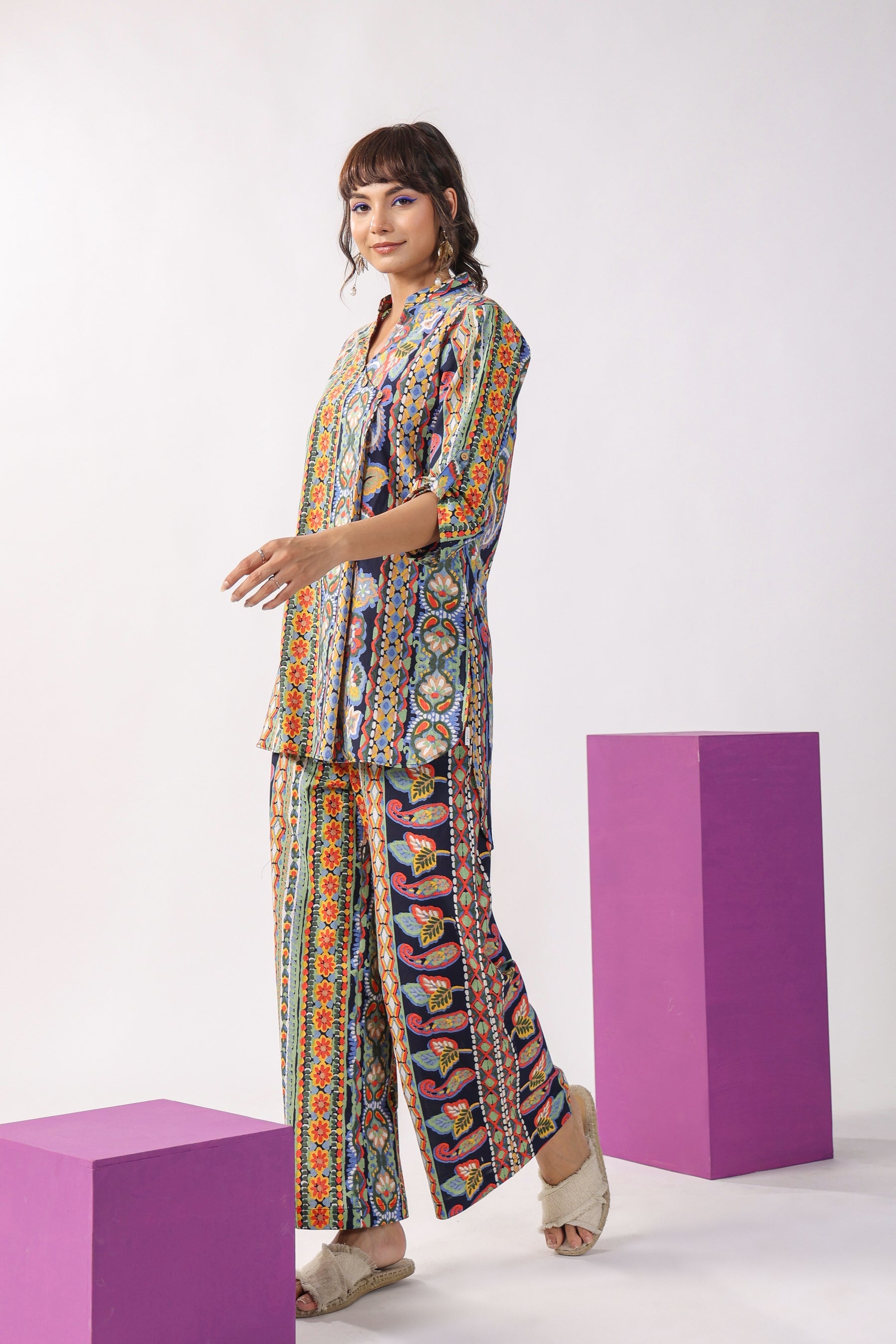 Traditional Paisley Motifs on Blue Cotton Co-ord Set