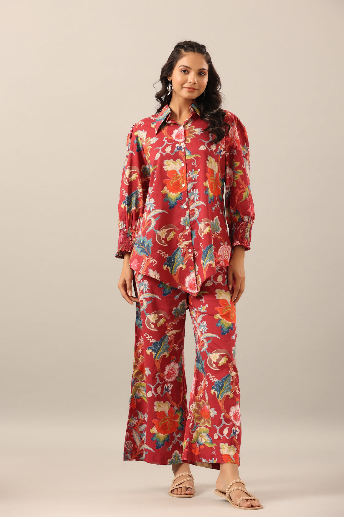 Floral Jaal on Maroon Collared Smoked Sleeves Cotton Co-ord Set