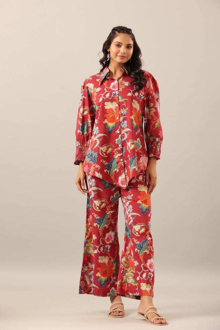 Floral Jaal on Maroon Collared Smoked Sleeves Cotton Co-ord Set