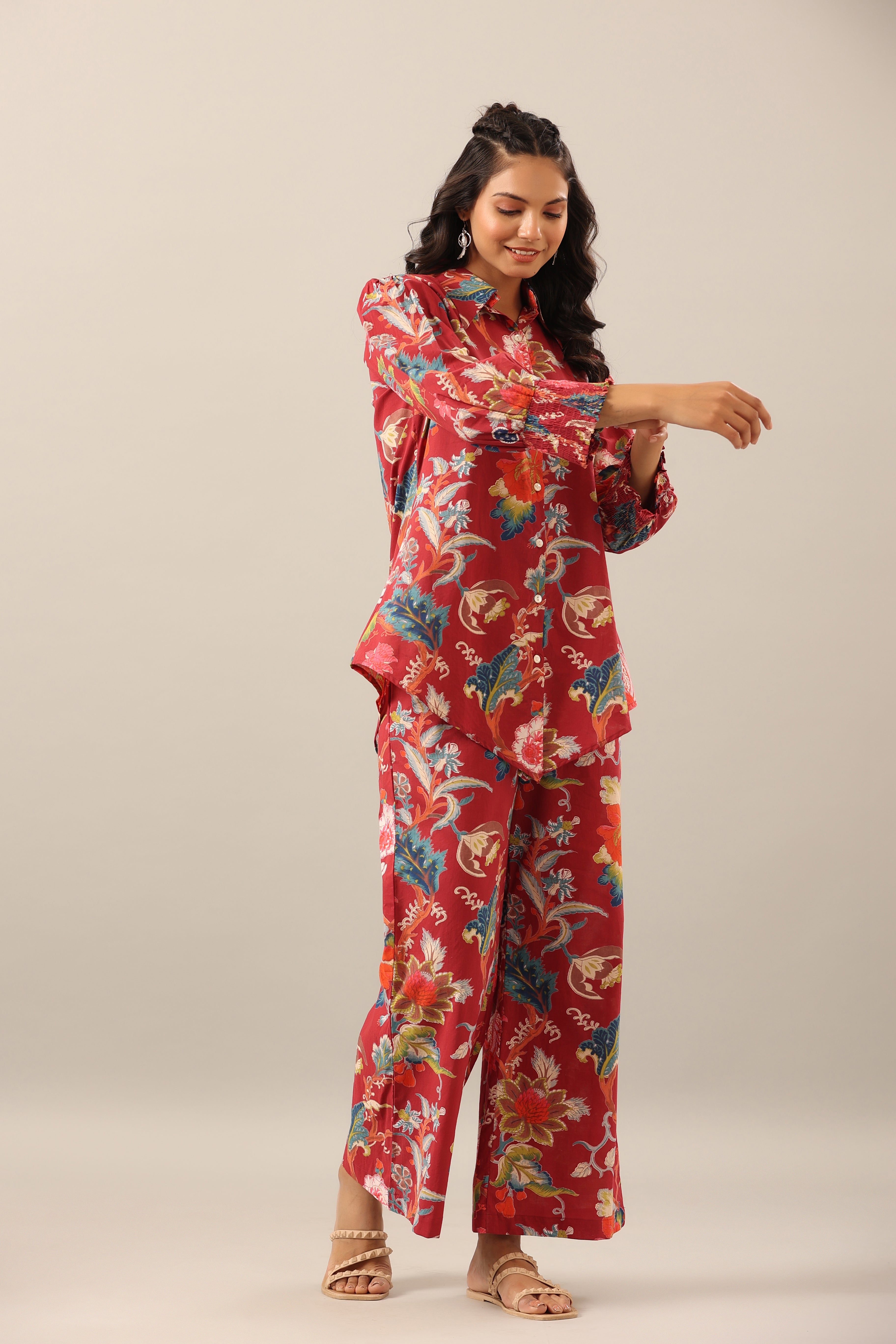 Floral Jaal on Maroon Collared Smoked Sleeves Cotton Co-ord Set