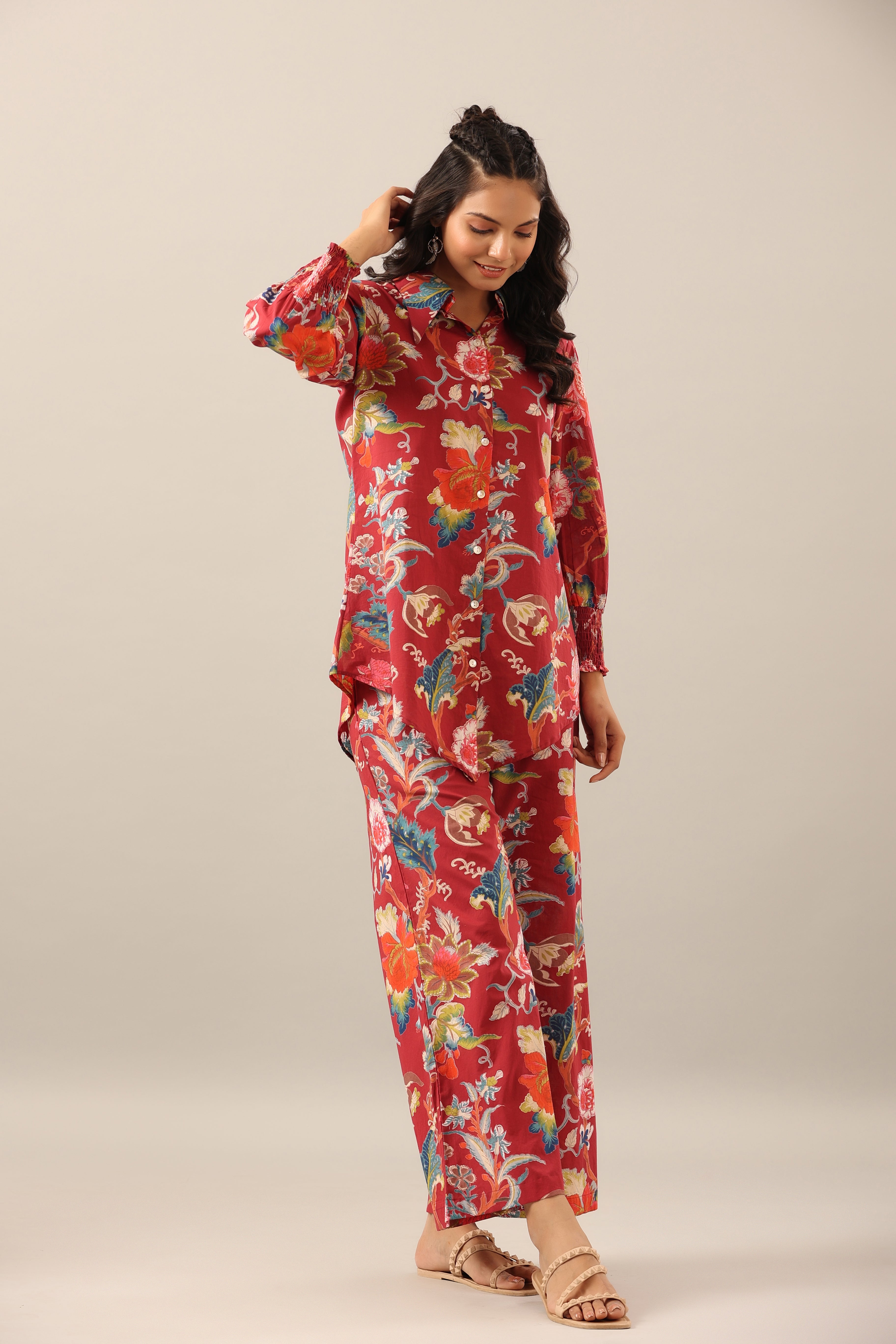 Floral Jaal on Maroon Collared Smoked Sleeves Cotton Co-ord Set