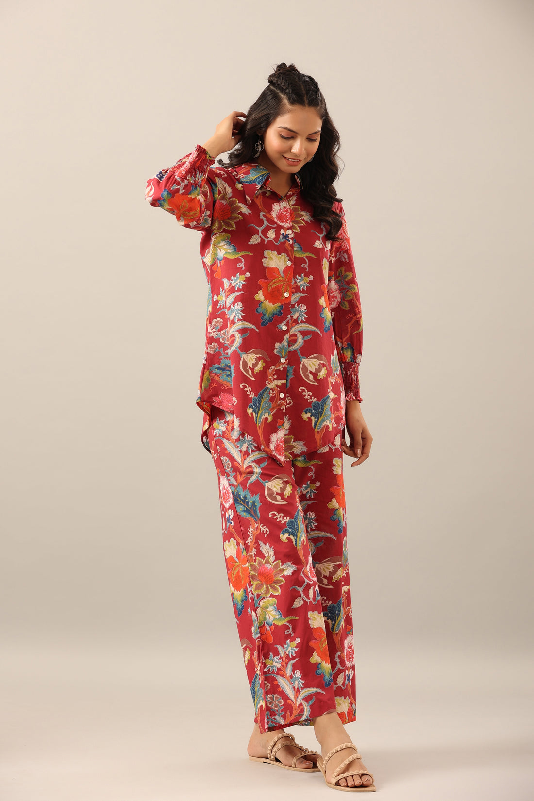 Floral Jaal on Maroon Collared Smoked Sleeves Cotton Co-ord Set