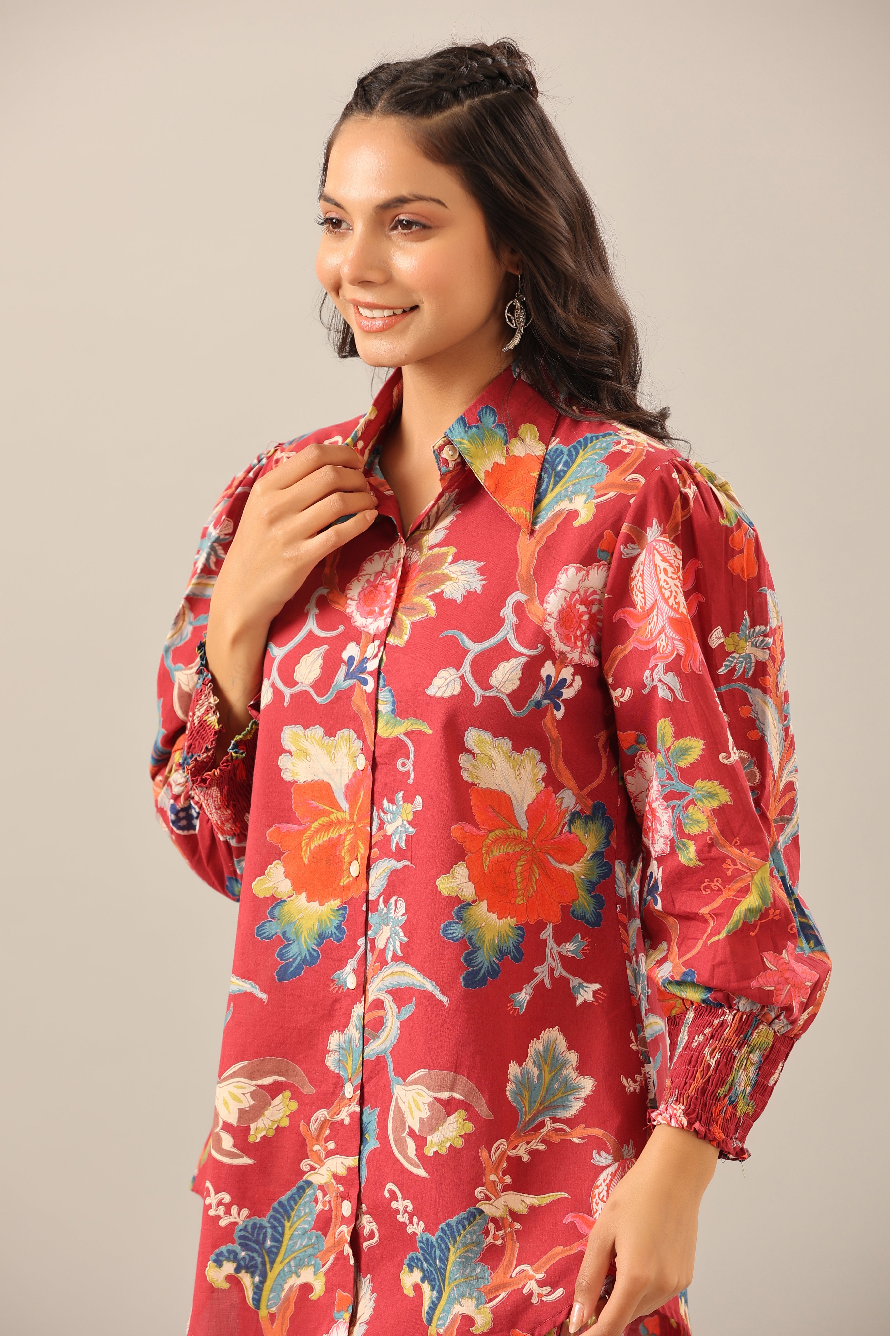 Floral Jaal on Maroon Collared Smoked Sleeves Cotton Co-ord Set