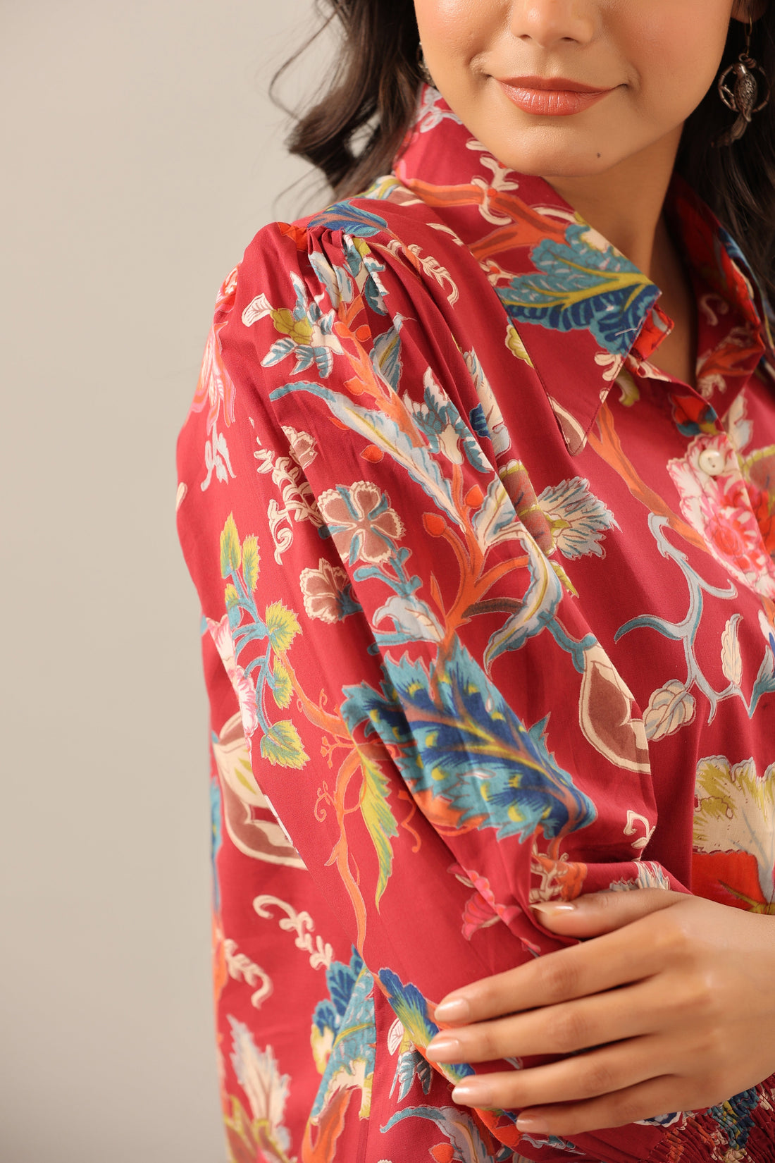 Floral Jaal on Maroon Collared Smoked Sleeves Cotton Co-ord Set