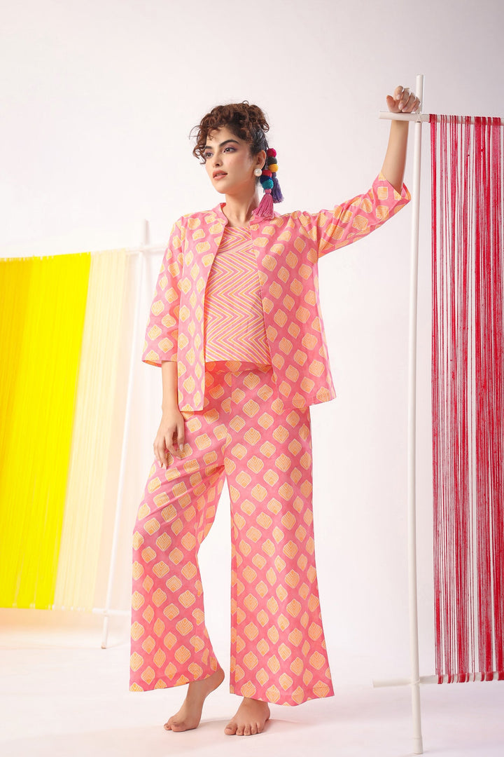 Mimosa Delight on Peach Three Piece Cotton Set