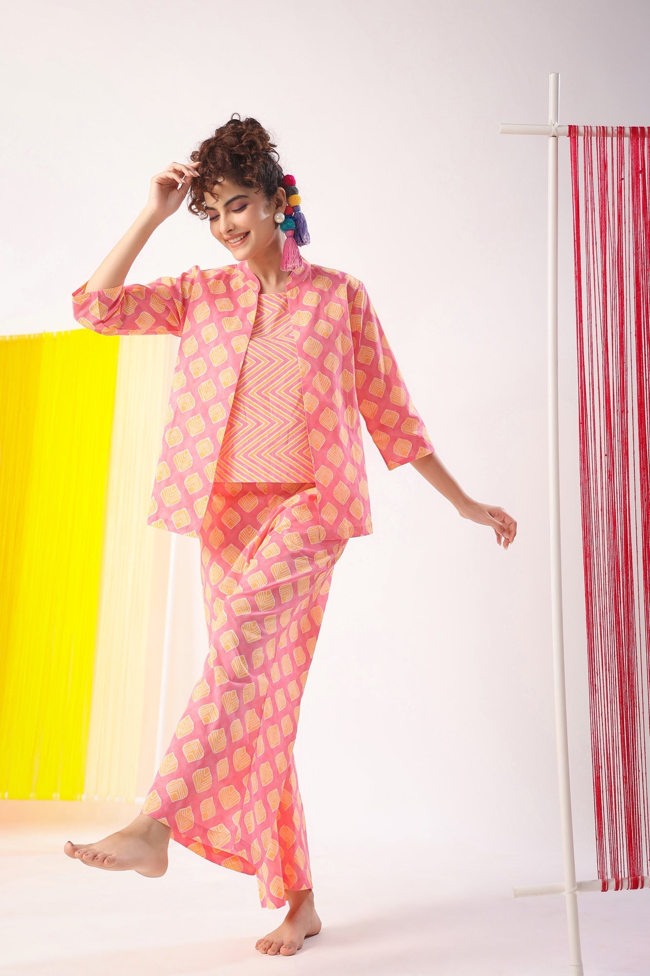 Mimosa Delight on Peach Three Piece Cotton Set