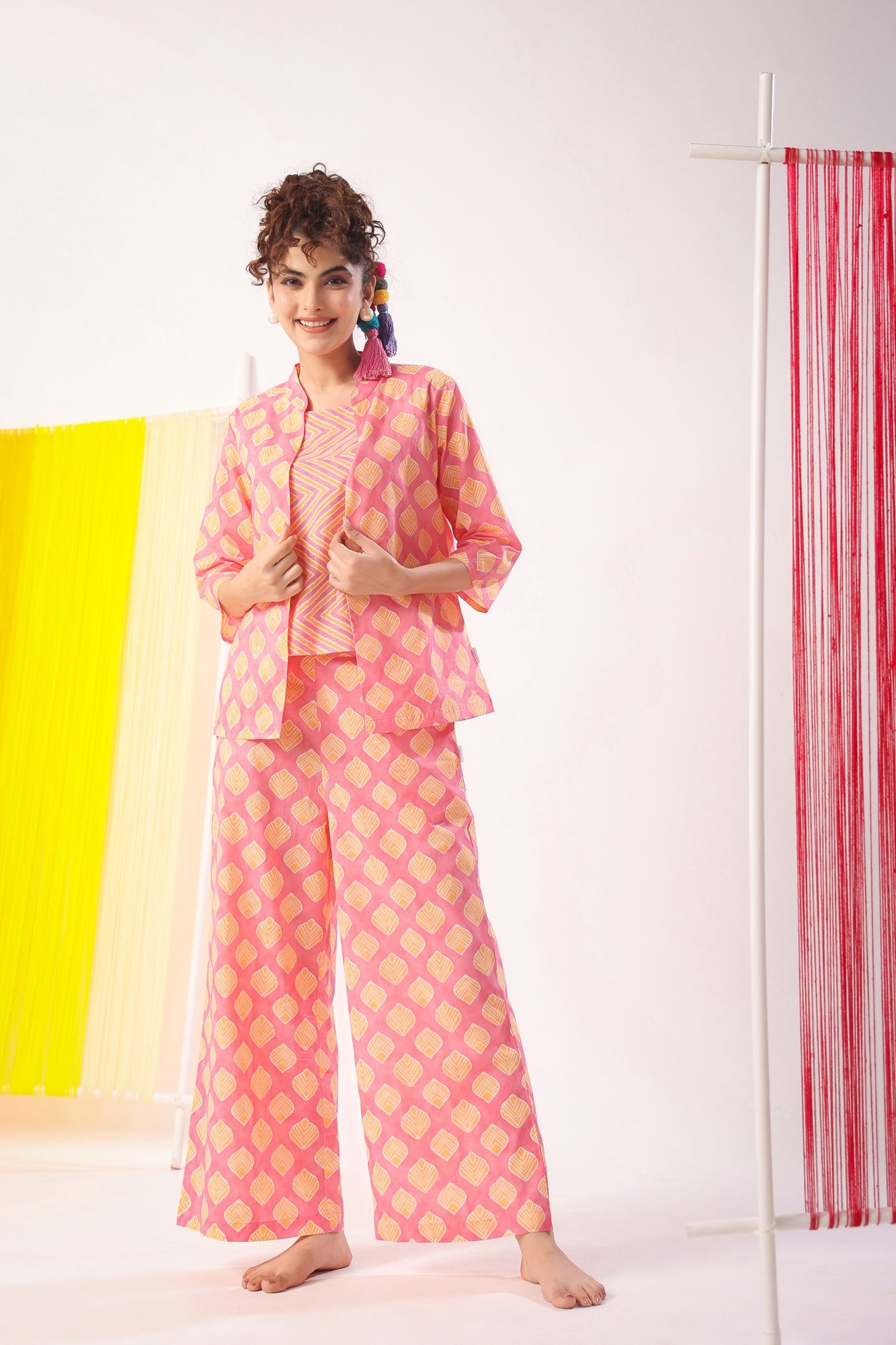 Mimosa Delight on Peach Three Piece Cotton Set