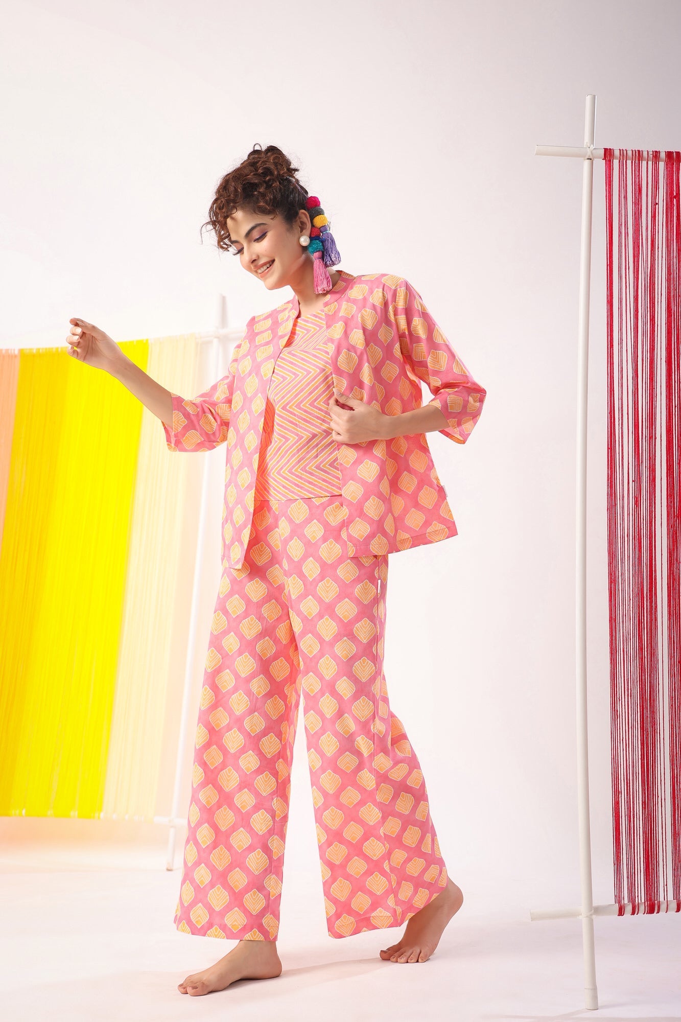 Mimosa Delight on Peach Three Piece Cotton Set