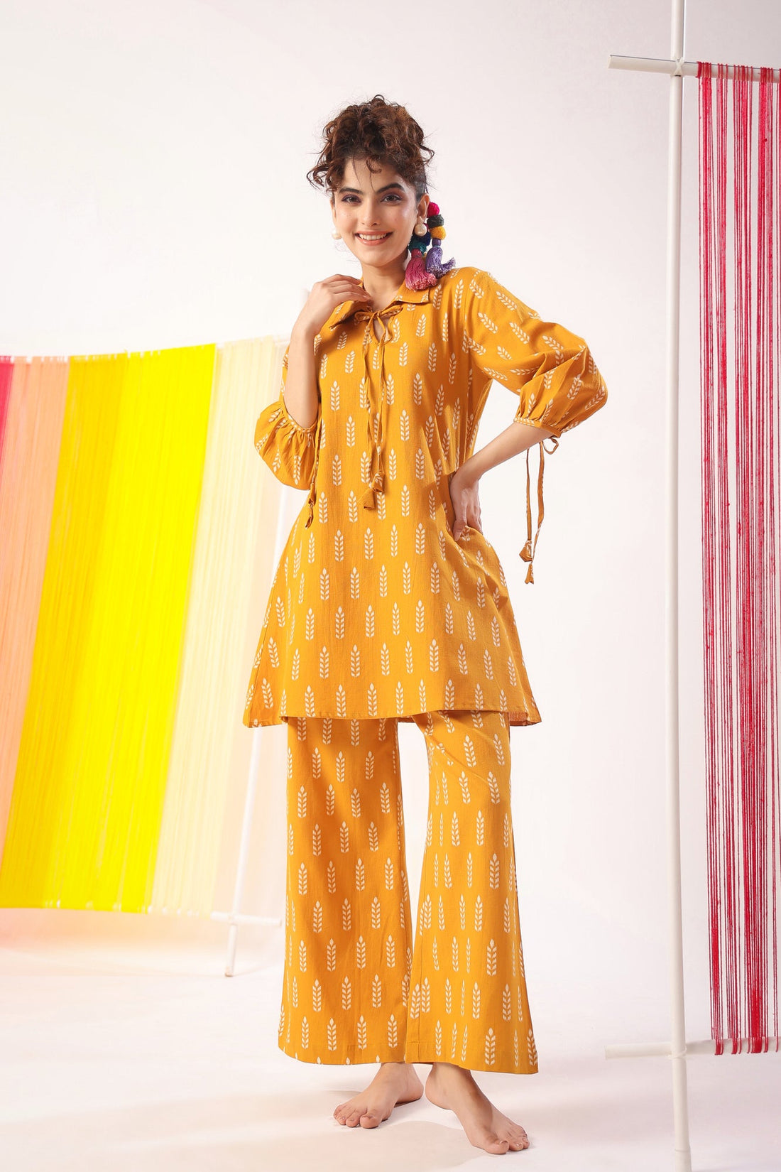 Minimalist Motif On Mustard Cotton Flex Co-ord Set