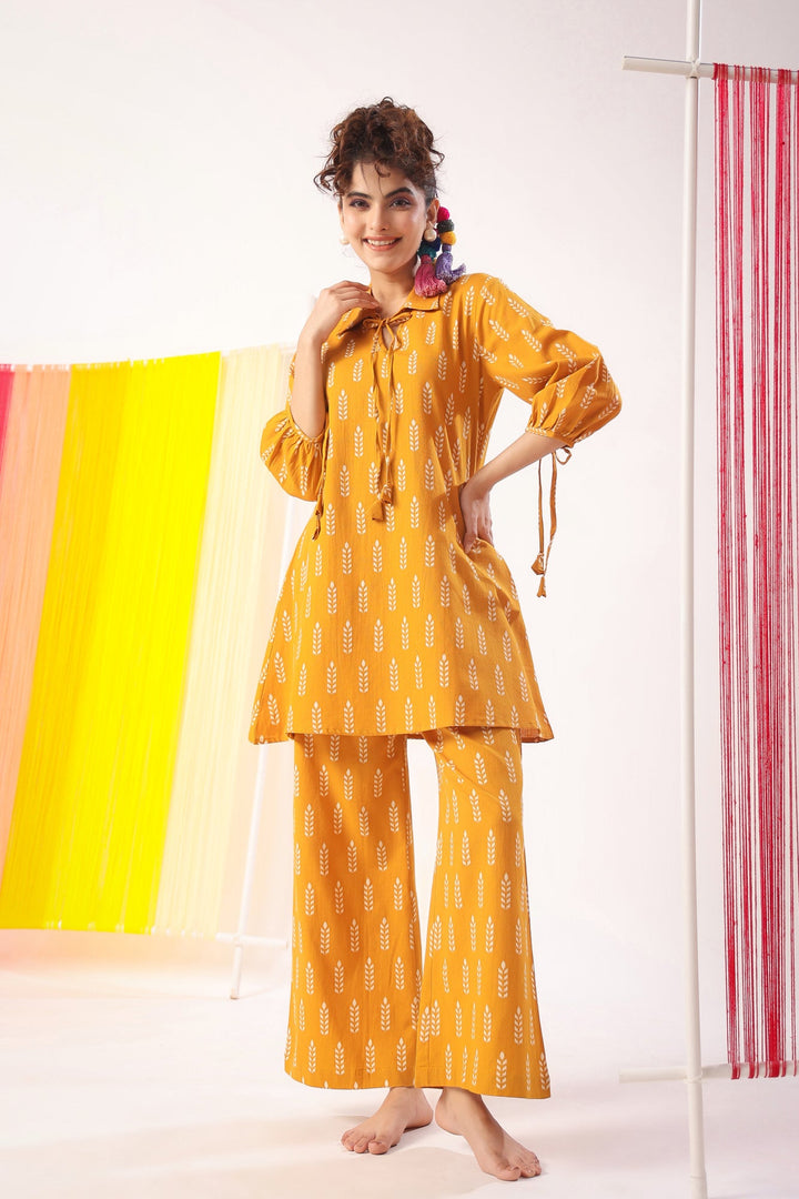 Minimalist Motif On Mustard Cotton Flex Co-ord Set
