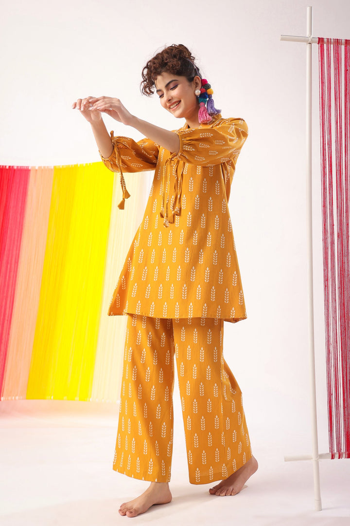 Minimalist Motif On Mustard Cotton Flex Co-ord Set