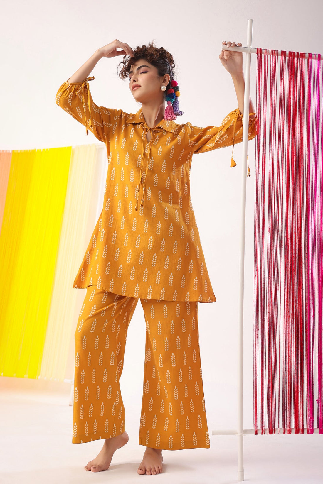 Minimalist Motif On Mustard Cotton Flex Co-ord Set