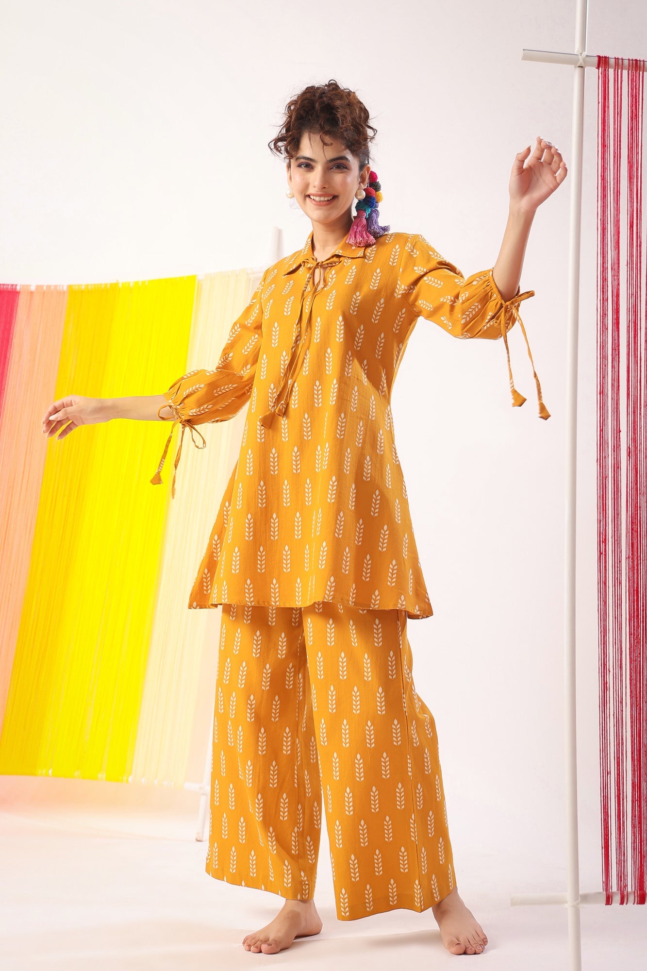 Minimalist Motif On Mustard Cotton Flex Co-ord Set