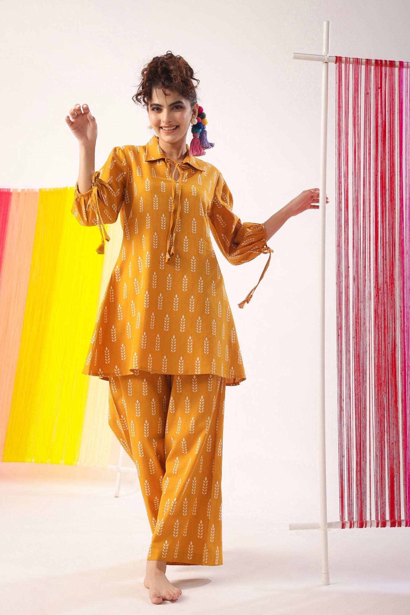 Minimalist Motif On Mustard Cotton Flex Co-ord Set