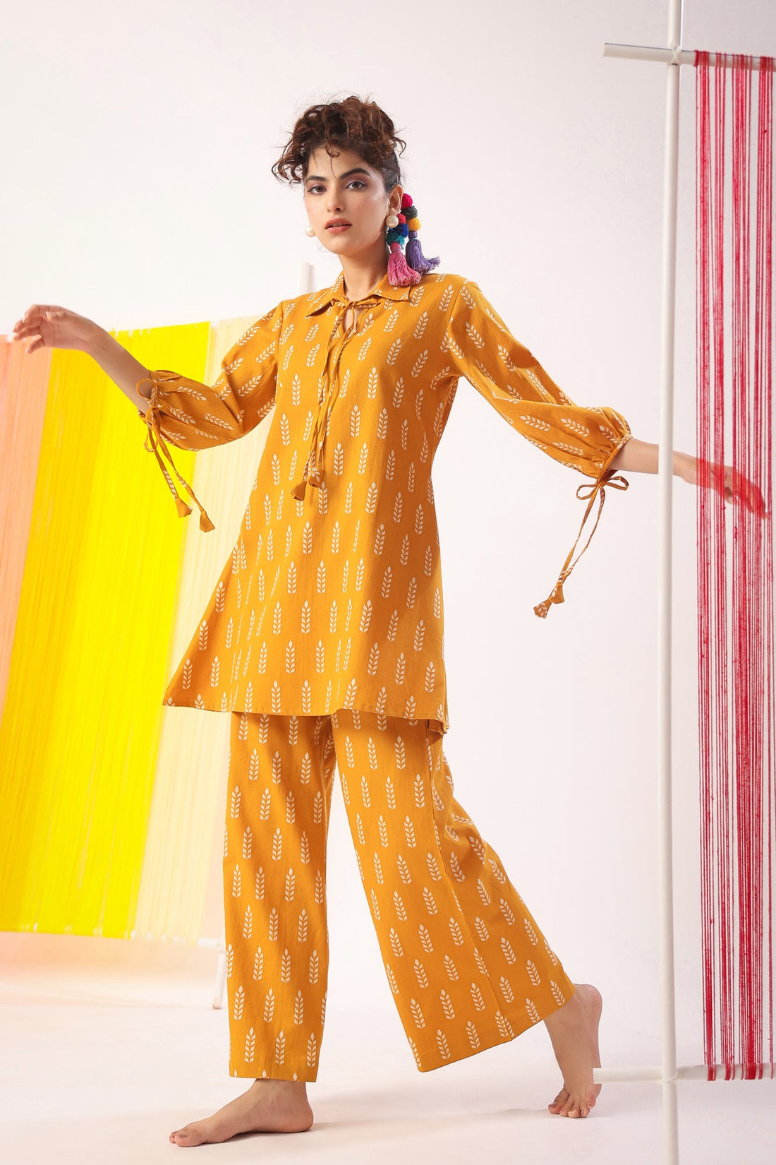 Minimalist Motif On Mustard Cotton Flex Co-ord Set