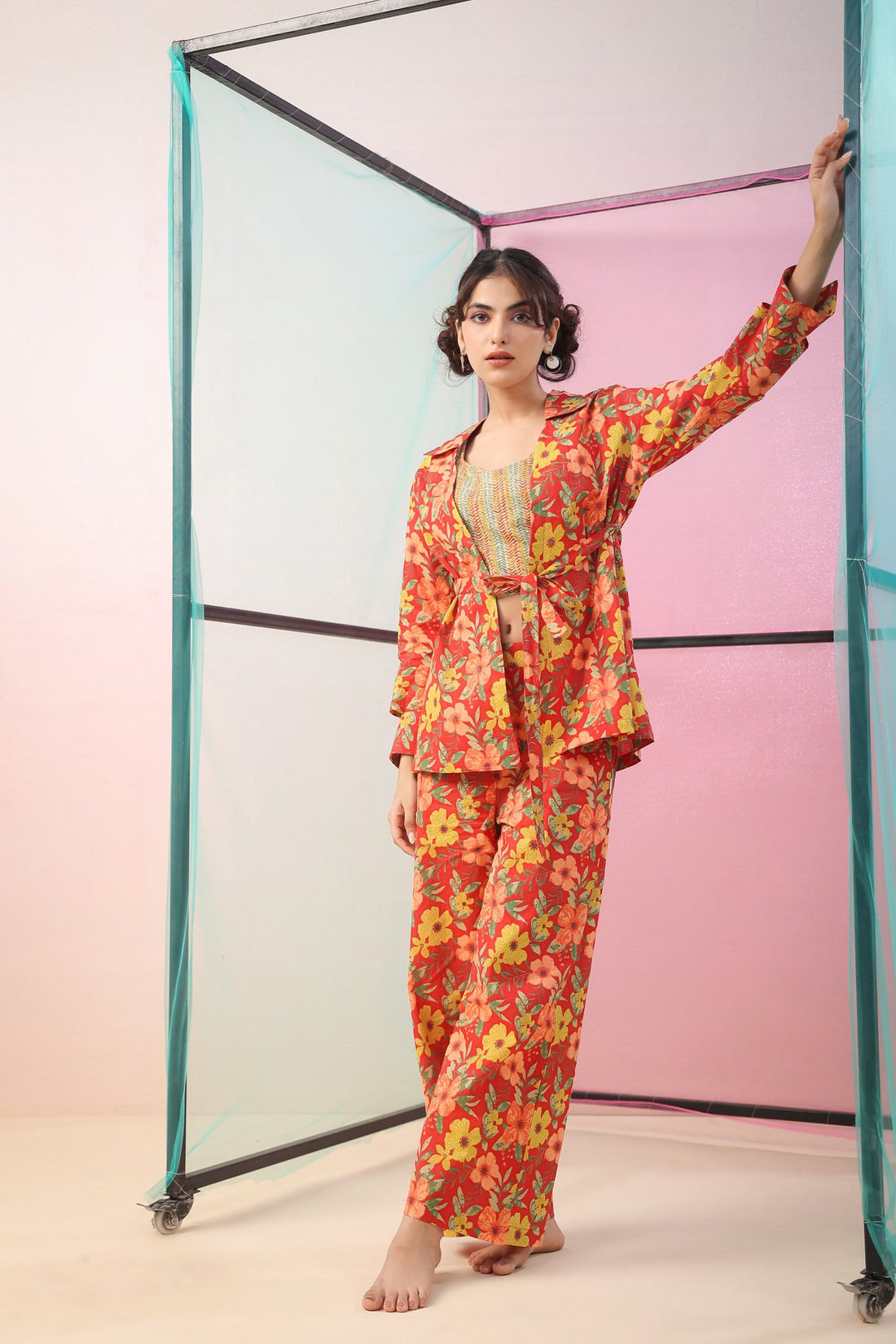 Florals on Red Three Piece Cotton Co-ord Set