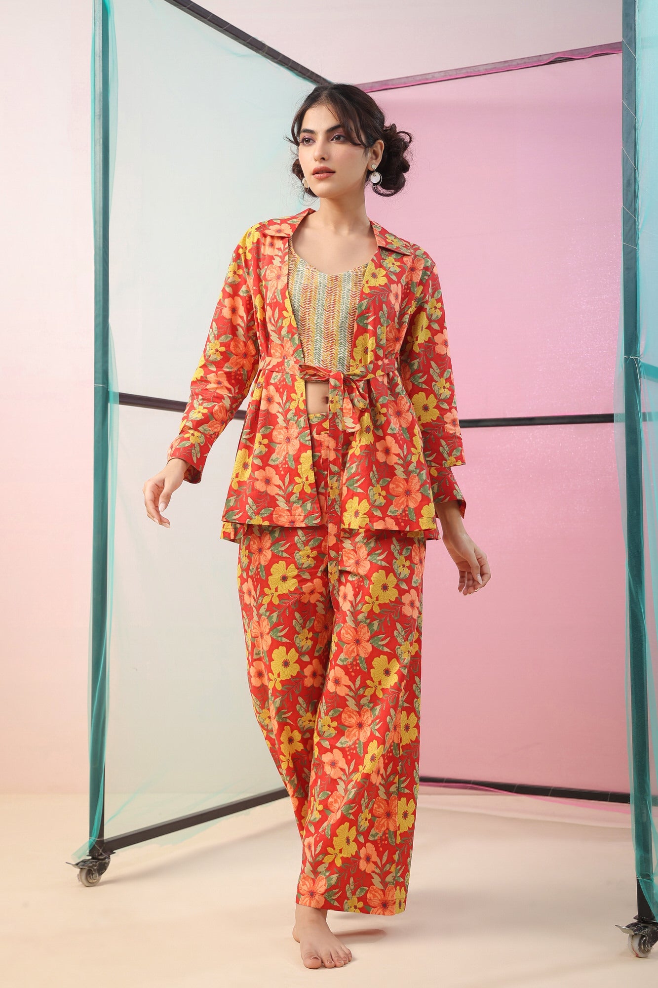 Florals on Red Three Piece Cotton Co-ord Set