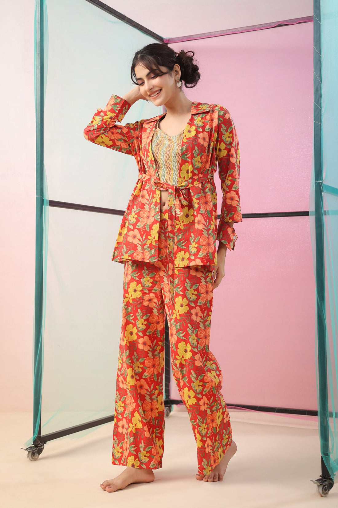 Florals on Red Three Piece Cotton Co-ord Set