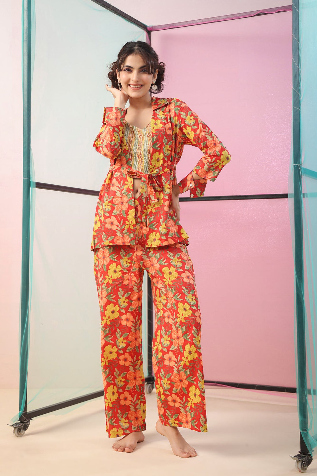 Florals on Red Three Piece Cotton Co-ord Set