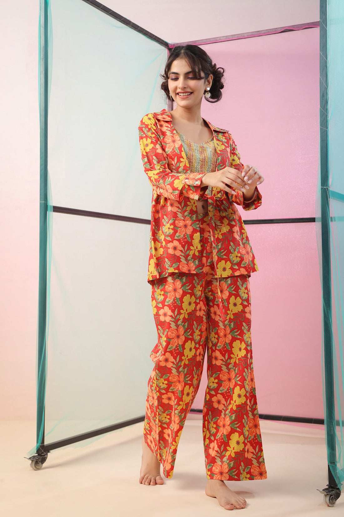 Florals on Red Three Piece Cotton Co-ord Set