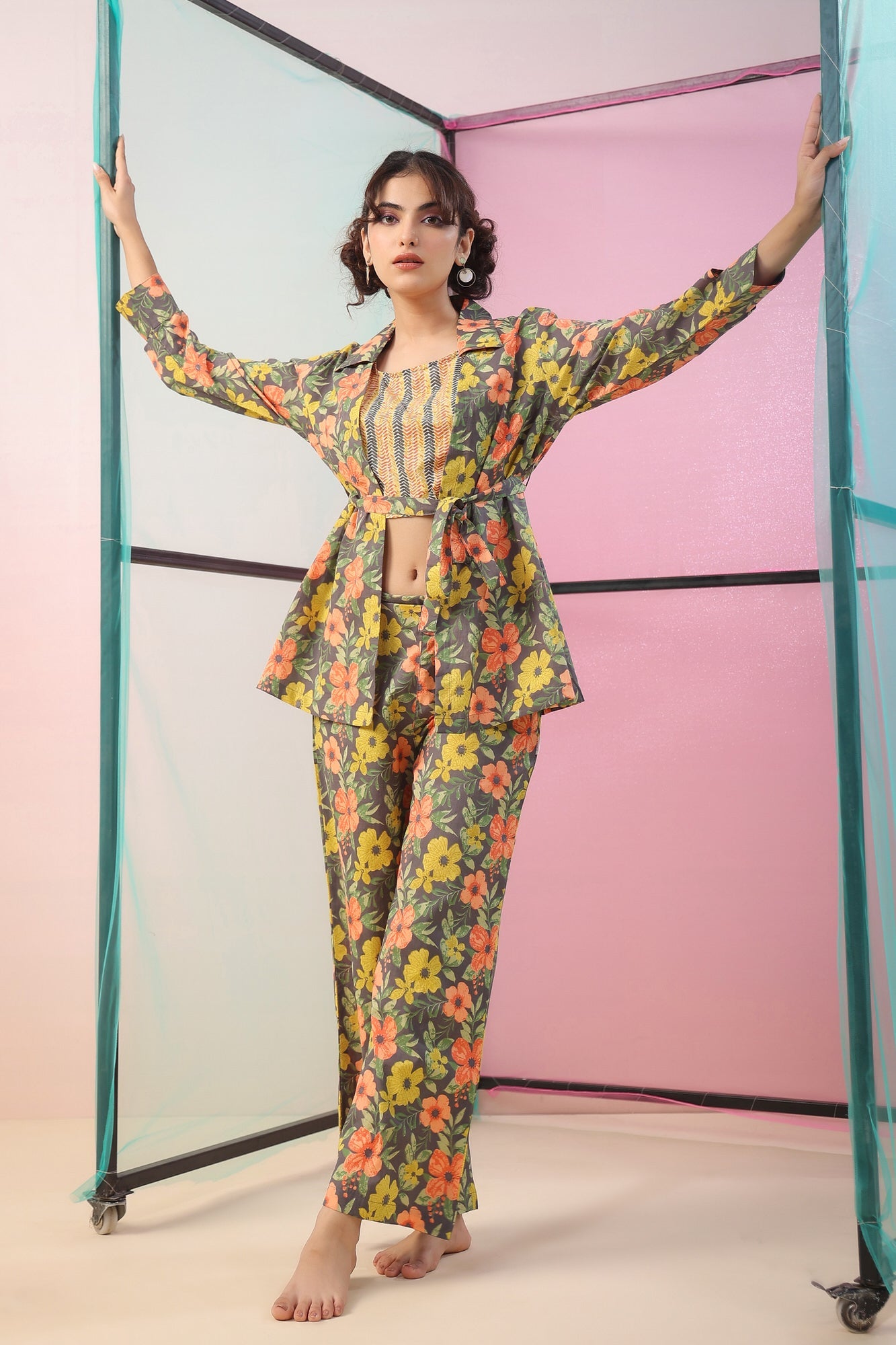 Florals on Grey Three Piece Cotton Co-ord Set