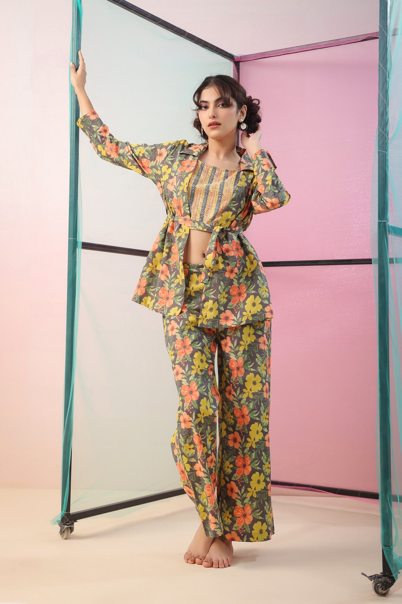 Florals on Grey Three Piece Cotton Co-ord Set