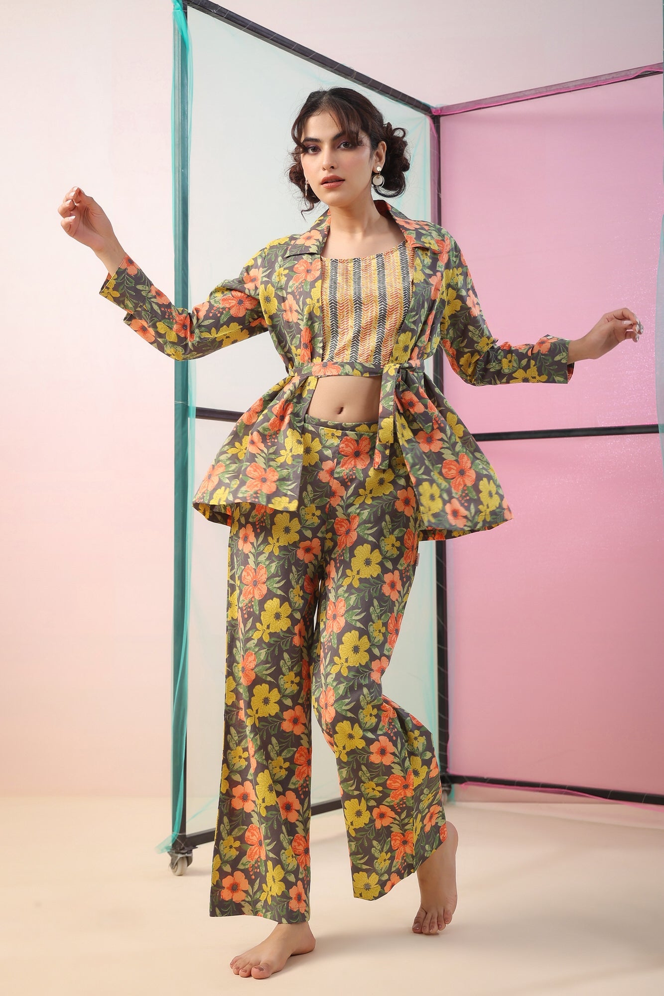 Florals on Grey Three Piece Cotton Co-ord Set