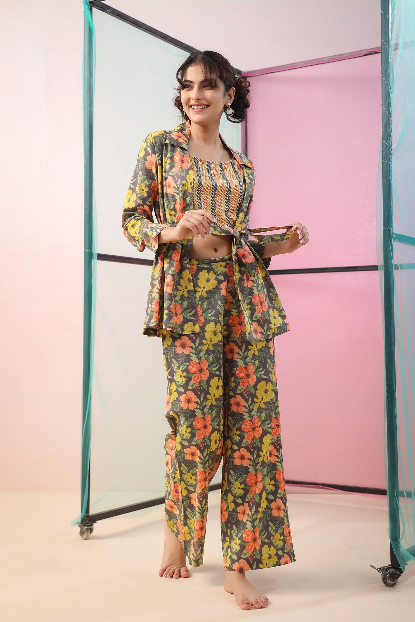 Florals on Grey Three Piece Cotton Co-ord Set