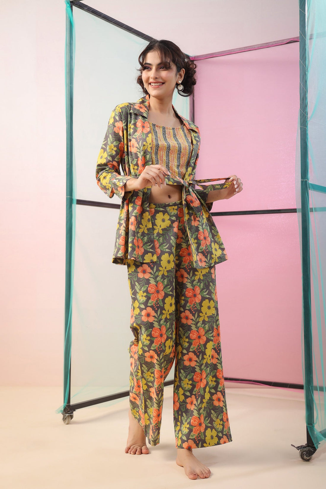 Florals on Grey Three Piece Cotton Co-ord Set