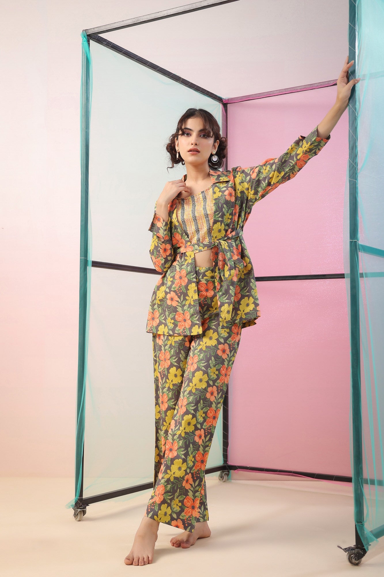 Florals on Grey Three Piece Cotton Co-ord Set