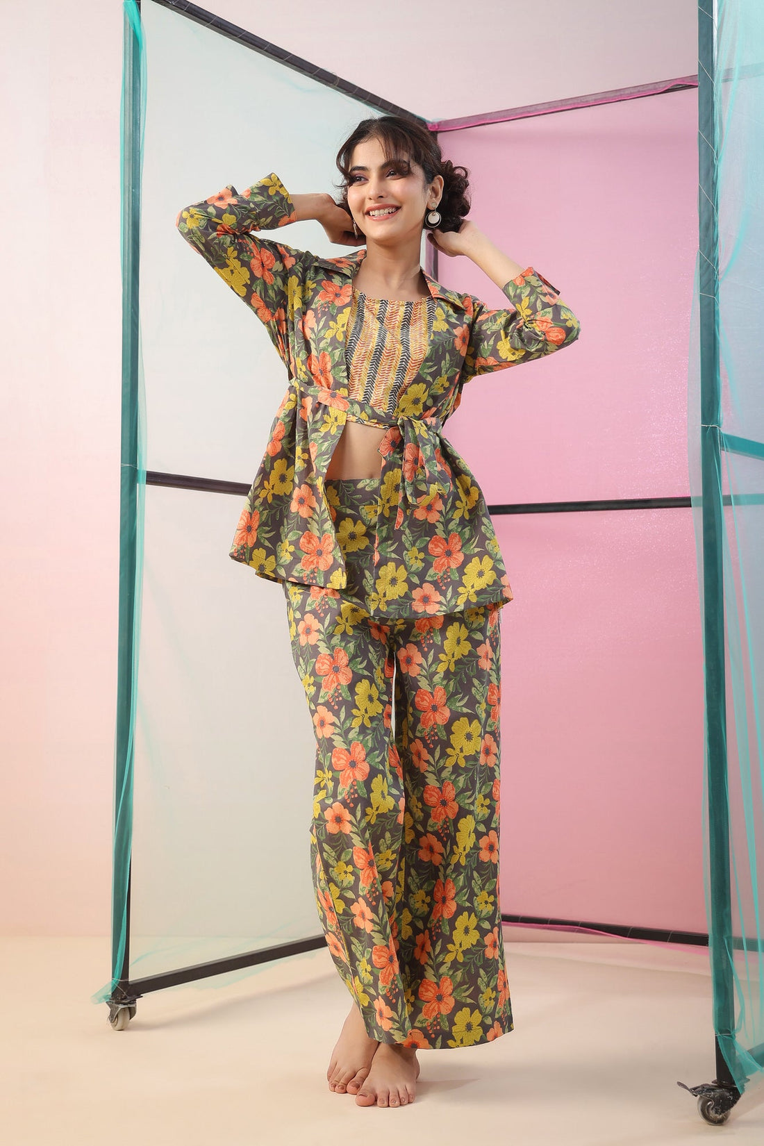 Florals on Grey Three Piece Cotton Co-ord Set