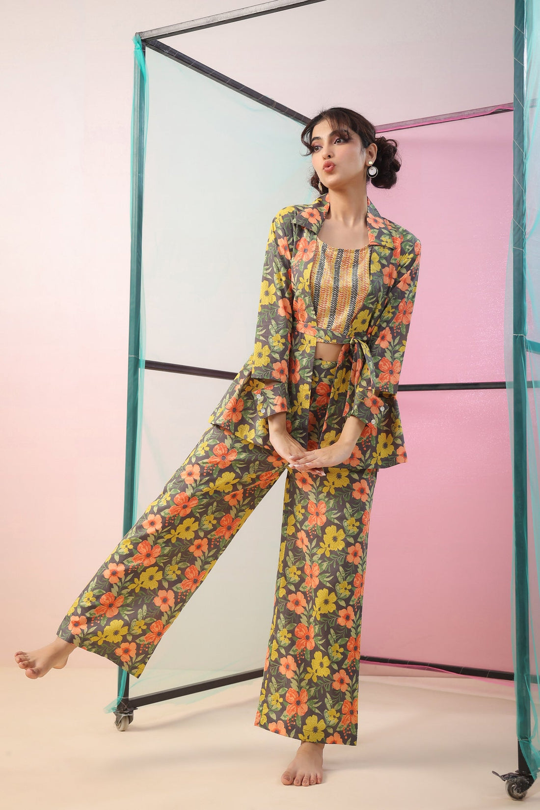 Florals on Grey Three Piece Cotton Co-ord Set