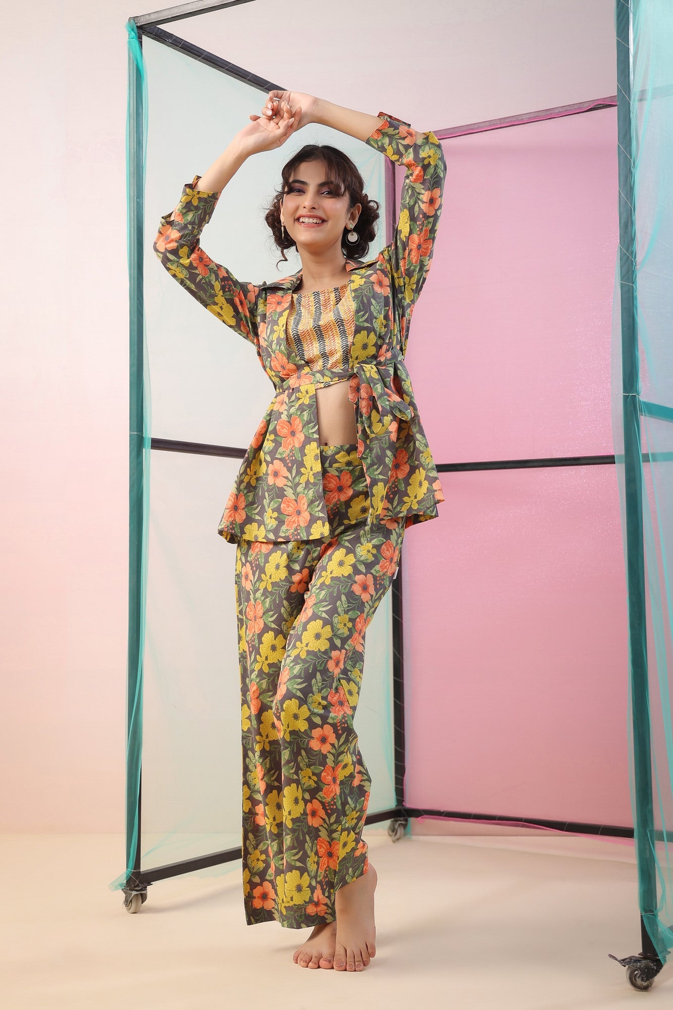 Florals on Grey Three Piece Cotton Co-ord Set