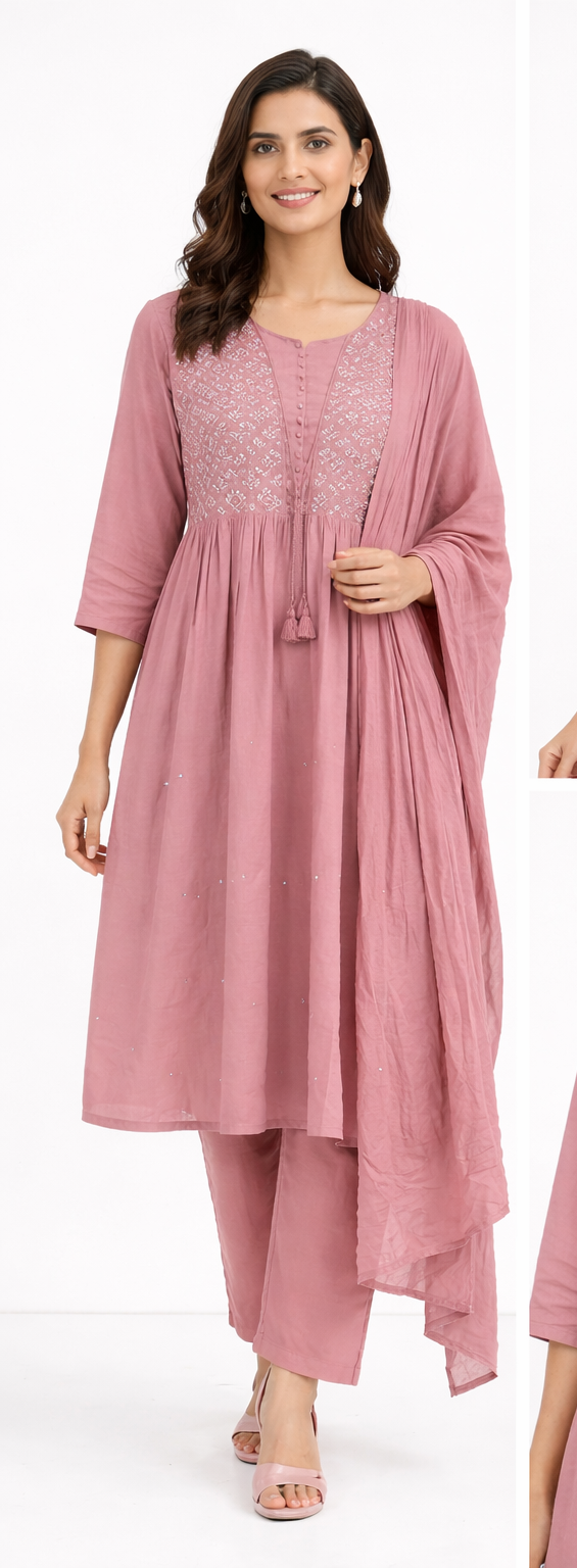 Blush Pink Pure Cotton Embroidered Kurti Set with Dupatta
