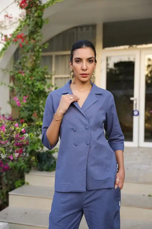 Ocean Blue Blazer Cotton Flex Co-ord Set