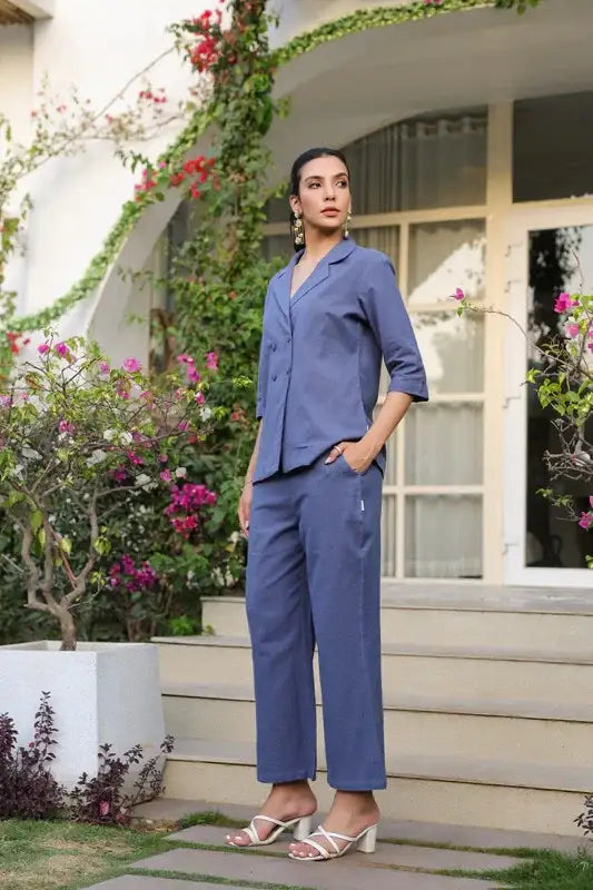 Ocean Blue Blazer Cotton Flex Co-ord Set